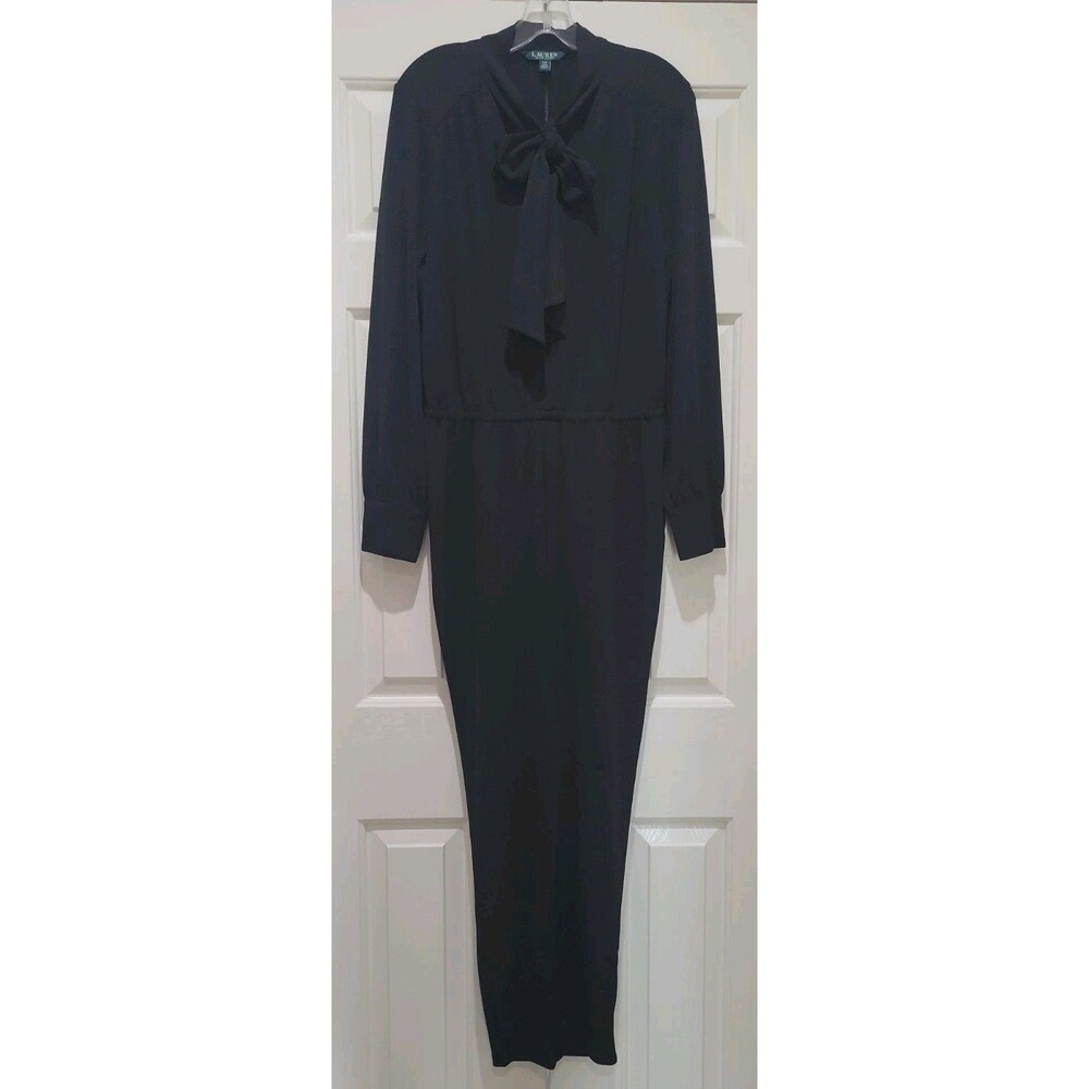 Lauren Ralph Lauren Black Bow Tie Neck Long Sleeve Jumpsuit Size Large